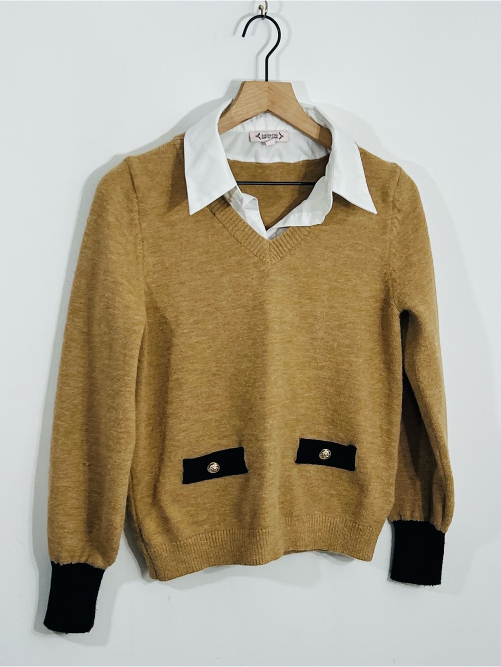 Nanette Pullover Tan Knit Sweater With Preppy Collar Business Casual Office Sz M